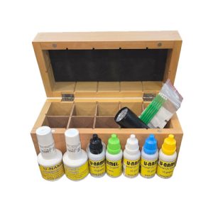 ערכה אמייל UV U-NAMEL במארז עץ 6 צבעים (שחור צהוב אדום כחול ירוק שקוף) בסיס + איטום + פנס ייבוש