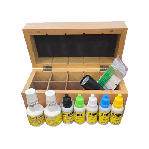 ערכה אמייל UV U-NAMEL במארז עץ 6 צבעים (שחור צהוב אדום כחול ירוק שקוף) בסיס + איטום + פנס ייבוש