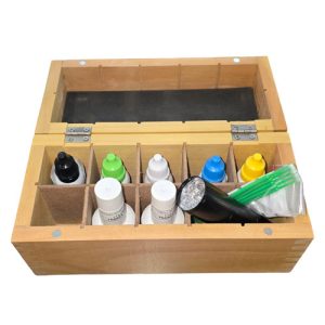 ערכה אמייל UV U-NAMEL במארז עץ 6 צבעים (שחור צהוב אדום כחול ירוק שקוף) בסיס + איטום + פנס ייבוש