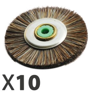 מברשת שיער חצי קשה מעורב צורת דיסק קוטר 48 מ"מ - מרכז מתכת + פלסטיק ירוק מארז 10 יחידות קדח 4.5 מ"מ ,לליטוש גס-בינוני עם תוספת פסטה מתאימה לגסות רצויה. ניתן לעבוד במנוע ליטוש או במנוע ידני